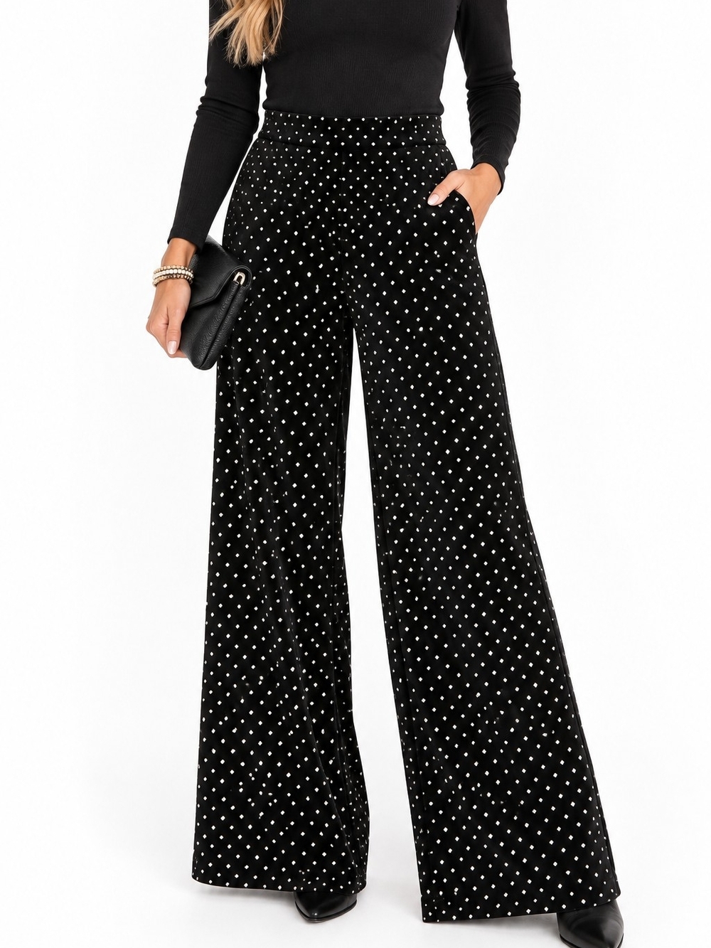 Show Me Your Mumu Elis Black Velvet Silver Studded Wide Leg Pants S